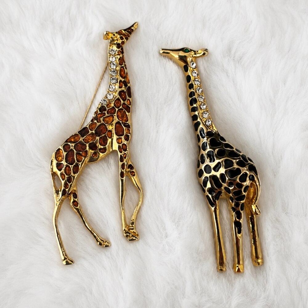 A Pair of Two Estate Rescued Gold Tone Vintage Sparkly Rhinestone Giraffe Brooch